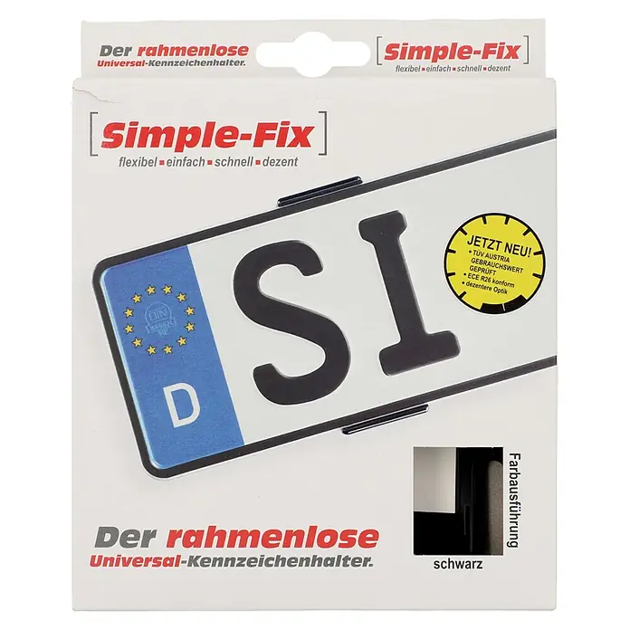 SimpleFix Kennzeichenhalter - Schwarz - Abbildung eines Simple-Fix, einem rahmenlosen Universal-Kennzeichenhalter in Schwarz, der eine einfache und dezente Montage ermöglicht.