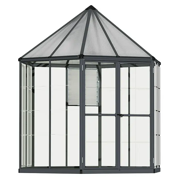 Palram – Canopia Invernadero Oasis - Medidas ext. (An x Pr): 213,2 x 247,1 cm, 0,7 mm, Antracita - La imagen muestra un invernadero con una estructura robusta y paneles transparentes, perfecto para la jardinería.