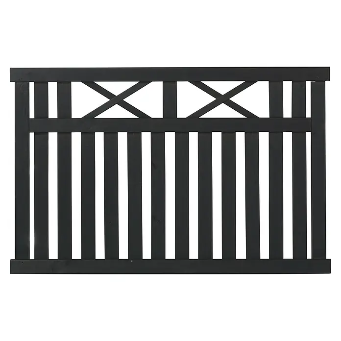 Plus Sichtschutzelement Vinesse - 150 x 96 cm, Holz, Schwarz RAL 9005 - Nahaufnahme eines grauen Gartenzauns aus Holz mit Kreuzmuster, der Privatsphäre und rustikalen Charme vereint. Robustes Design für den Außenbereich.