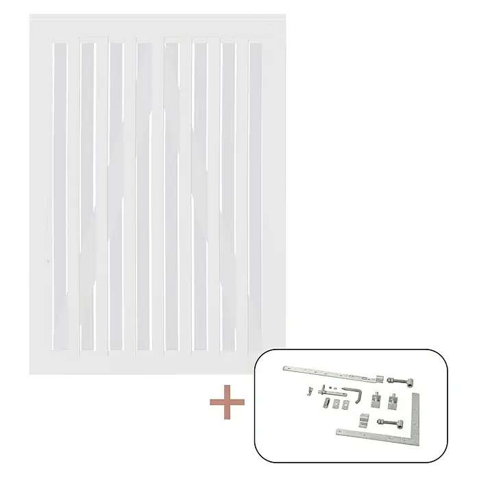 Plus Zauntor Nagano - 100 x 140 cm, Weiß RAL 9010, Holz, Mit Beschlägen - Ein weißes Lattenzaunfeld wird mit einem Beschlagsatz für Tore kombiniert, ideal für DIY-Projekte zur Gartengestaltung und Zaunbau.