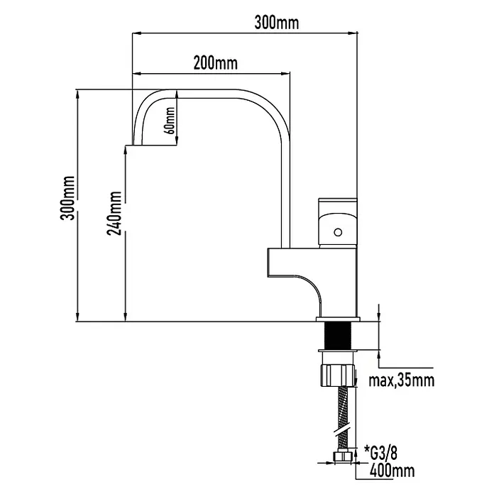 Universal de Grifería Grifo de cocina Beni - Cromo, Brillante - Diagrama de un grifo de cocina mostrando medidas detalladas. Ilustra altura, alcance y dimensiones de conexión para una fácil instalación.