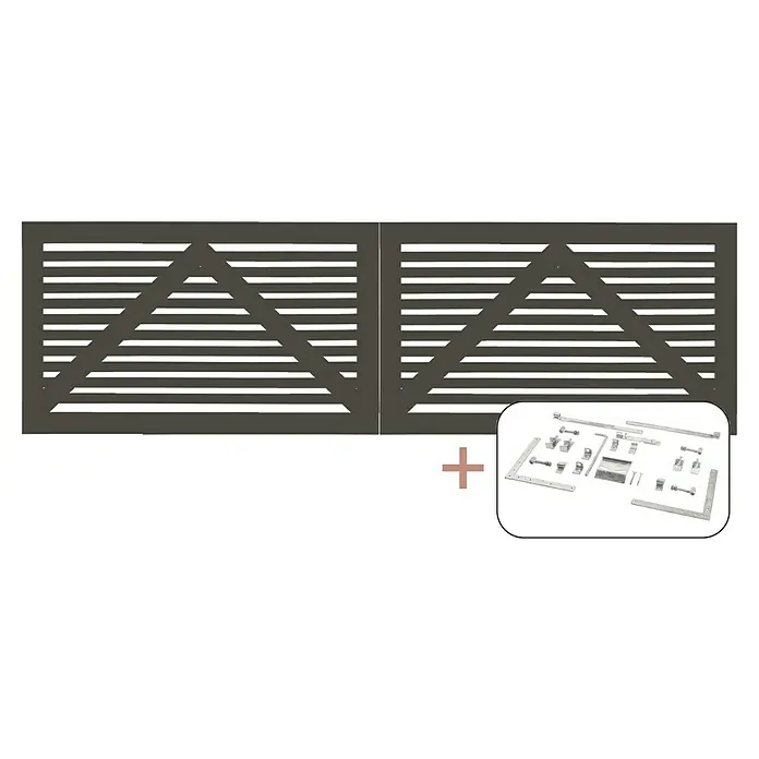 Plus Zauntor Tokyo - 300 x 90 cm, Umbragrau RAL 7022, Holz, Mit Beschlägen - Das Bild zeigt ein modernes Gartentor aus grauem Metall mit horizontalen Streben und einer Zubehörbox für die Montage.
