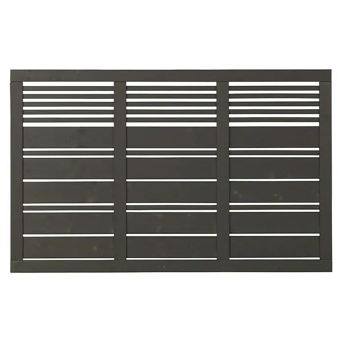 Plus Sichtschutzelement Silence - 176 x 110 cm, Holz, Umbragrau RAL 7022 - Eine graue Holzwand mit horizontalen Latten und vertikalen Pfosten, die in drei Abschnitte unterteilt ist, bietet Privatsphäre und Struktur.