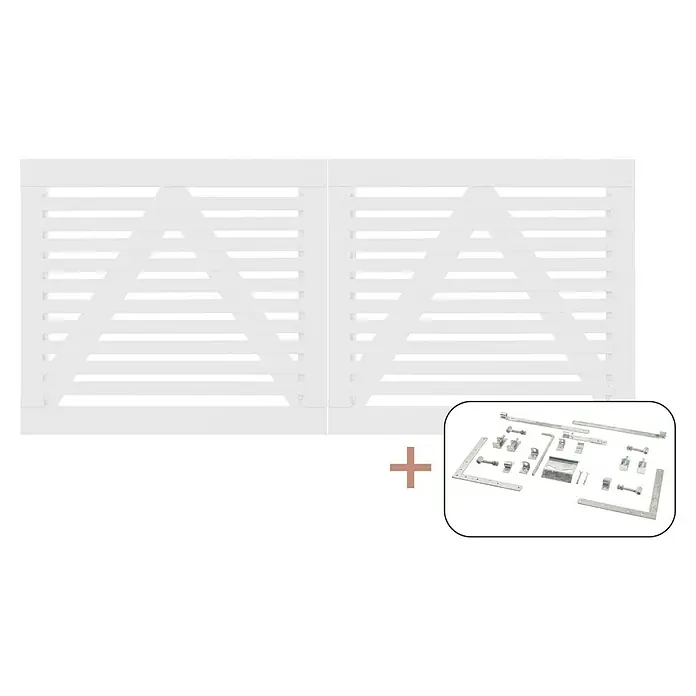 Plus Zauntor Tokyo - 200 x 90 cm, Weiß RAL 9010, Holz, Mit Beschlägen - Das Bild zeigt ein weißes Doppeltor mit Z-Streben und einem Beschlagsatz. Das Tor ist ideal für die Einfahrt und den Garten.