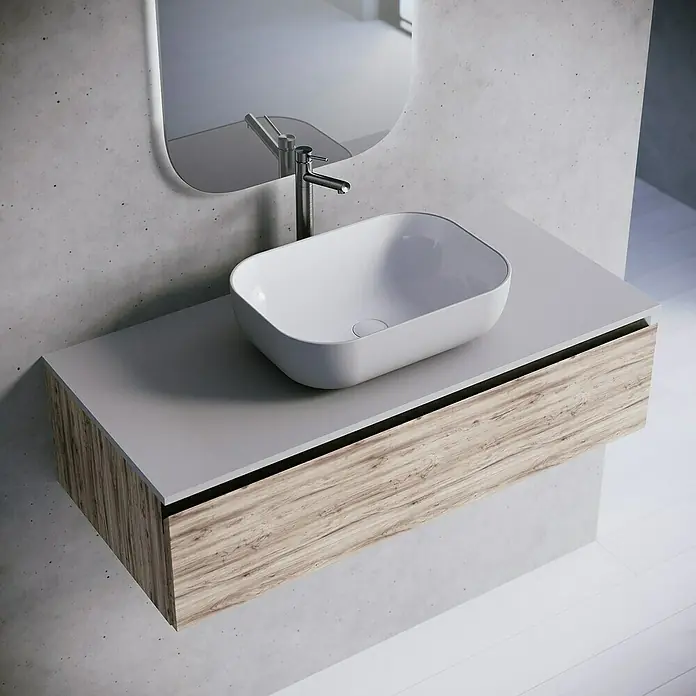 Lavabo y encimera Stadium Bicolor - 46 x 101 cm, Gris/Blanco - Mueble de baño moderno con armario de madera y lavabo ovalado sobre encimera, complementado con espejo redondeado.