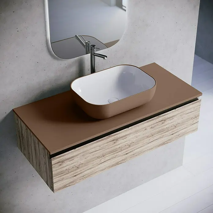 Lavabo y encimera Stadium Bicolor - 46 x 101 cm, Cacao/Blanco - Mueble de baño moderno con lavabo sobre encimera marrón y mueble con aspecto de madera. Diseño simple para una decoración de baño elegante.