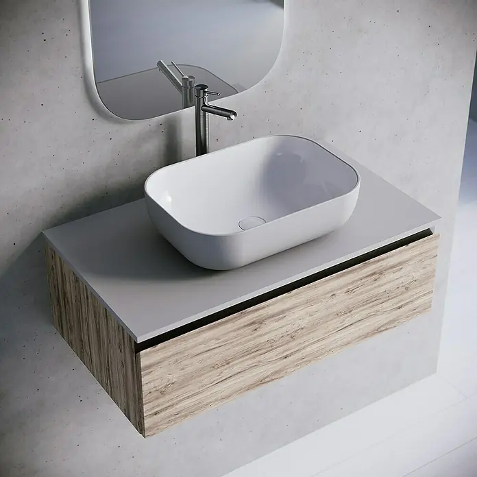 Lavabo y encimera Stadium Bicolor - 46 x 81 cm, Gris/Blanco - Un moderno tocador con un lavabo sobre encimera blanco y un mueble con aspecto de madera contra una pared gris.