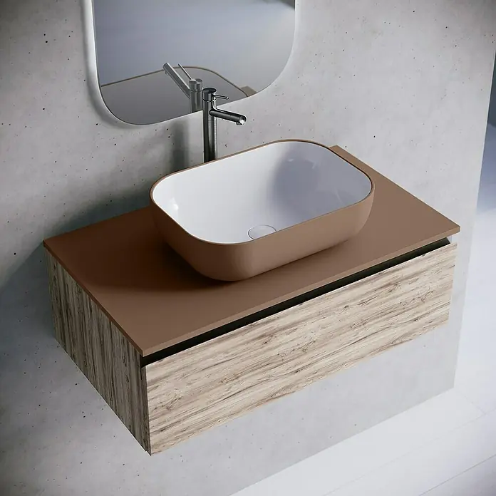 Lavabo y encimera Stadium Bicolor - 46 x 81 cm, Rosa california/Blanco - Elegante lavabo con mueble de madera y encimera marrón, ideal para baños modernos.\n