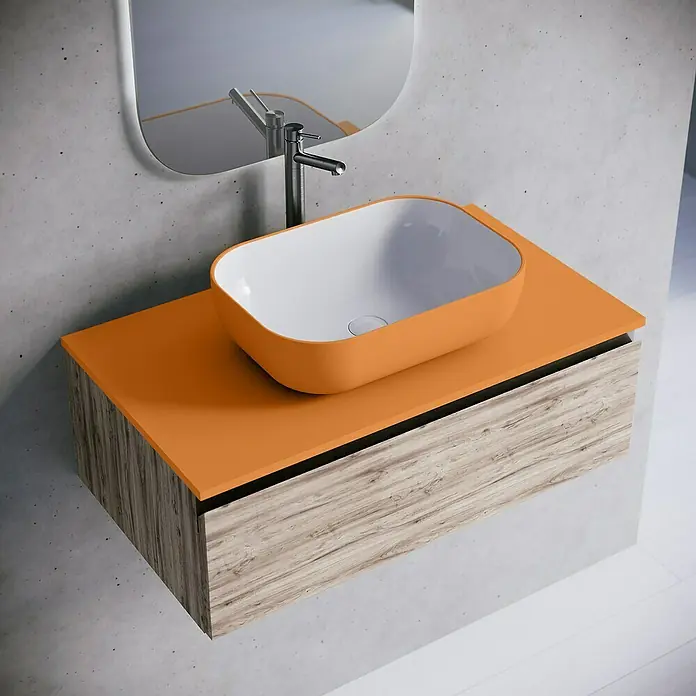 Lavabo y encimera Stadium Bicolor - 46 x 81 cm, Melocotón/Blanco - Elegante conjunto de lavabo con un lavabo sobre encimera naranja y un mueble bajo con efecto madera. Ideal para un diseño de baño elegante.