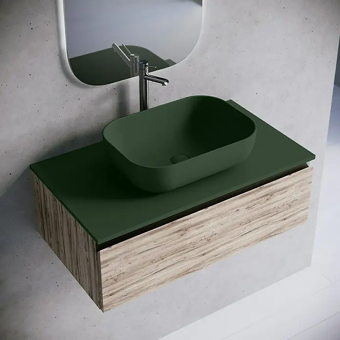 Lavabo y encimera Stadium - 46 x 80 cm, Verde oliva - Elegante lavabo de baño verde bosque con un elegante mueble de madera y un espejo moderno para un ambiente lujoso.