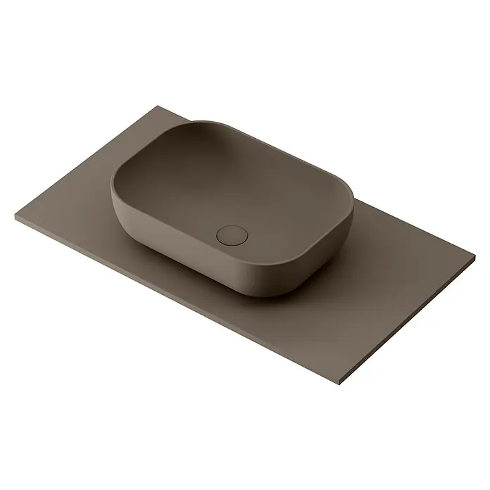 Lavabo y encimera Stadium - 46 x 80 cm, Nut - Elegante lavabo sobre encimera moderno en color topo con forma rectangular y esquinas redondeadas sobre un tablero a juego.