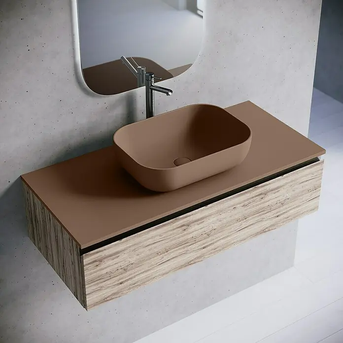 Lavabo y encimera Stadium - 46 x 100 cm, Rosa california - Elegante lavabo de baño con bol rectangular marrón y mueble bajo con efecto madera, que ofrece un diseño moderno para cualquier baño.