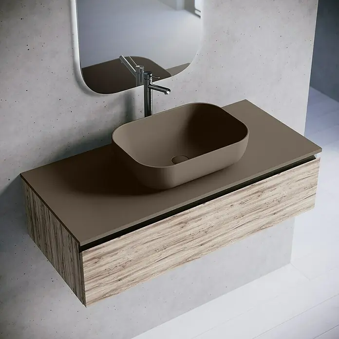 Lavabo y encimera Stadium - 46 x 100 cm, Nut - Elegante lavabo de madera y gres en un diseño de baño moderno.