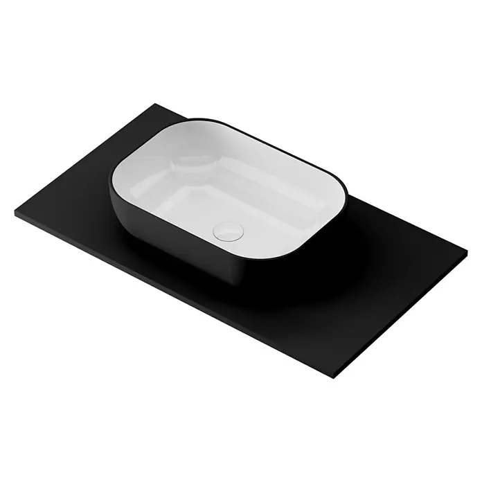 Lavabo y encimera Stadium Bicolor - 46 x 81 cm, Negro/Blanco - Elegante lavabo en blanco y negro colocado sobre una superficie negra y elegante. Ideal para diseños modernos de baño con líneas limpias.