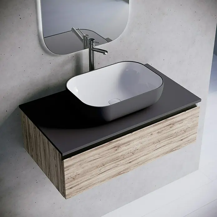 Lavabo y encimera Stadium Bicolor - 46 x 81 cm, Antracita/Blanco - Lavabo de baño moderno con encimera gris y mueble de madera. Diseño elegante para un baño con estilo.
