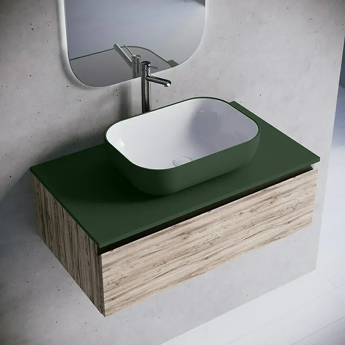 Lavabo y encimera Stadium Bicolor - 46 x 81 cm, Verde oliva/Blanco - Lavabo moderno con mueble verde y lavabo sobre encimera. Diseño elegante para baños con estilo.