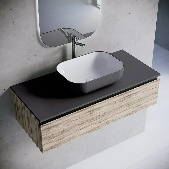 Lavabo y encimera Stadium Bicolor - 46 x 101 cm, Antracita/Blanco - Elegante lavabo de baño con un diseño moderno. El tocador gris y la textura de madera añaden estilo y calidez al espacio.