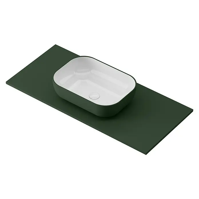 Lavabo y encimera Stadium Bicolor - 46 x 101 cm, Verde oliva/Blanco - Un elegante lavabo verde y blanco, colocado sobre una superficie verde a juego. Diseño elegante para baños contemporáneos.