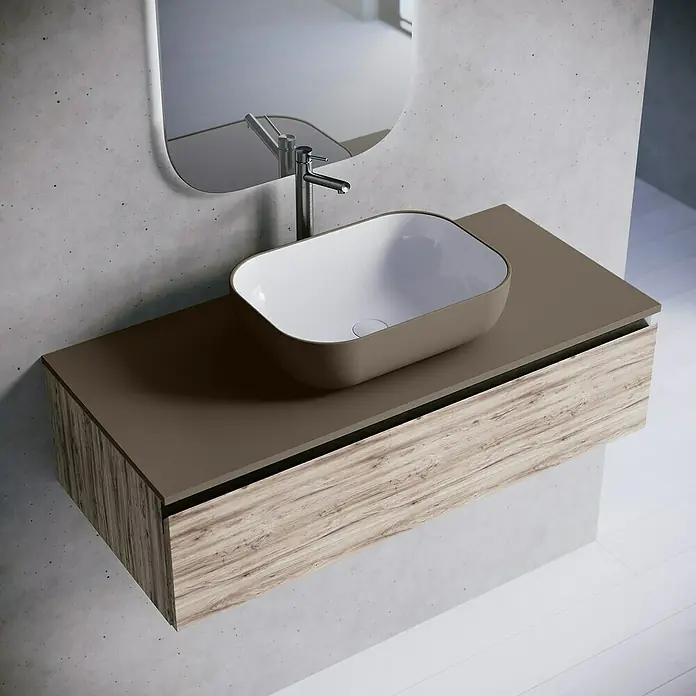 Lavabo y encimera Stadium Bicolor - 46 x 100 cm, Nut/Blanco - Elegante lavabo de baño con un moderno mueble bajo y espejo. El diseño combina funcionalidad con atractivo estético para cualquier espacio.