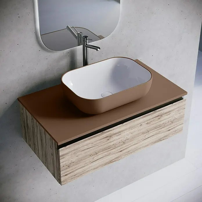 Lavabo y encimera Stadium Bicolor - 46 x 81 cm, Cacao/Blanco - Elegante lavabo de baño con mueble y grifo, ideal para diseños de baño modernos. Diseño elegante con materiales de alta calidad.