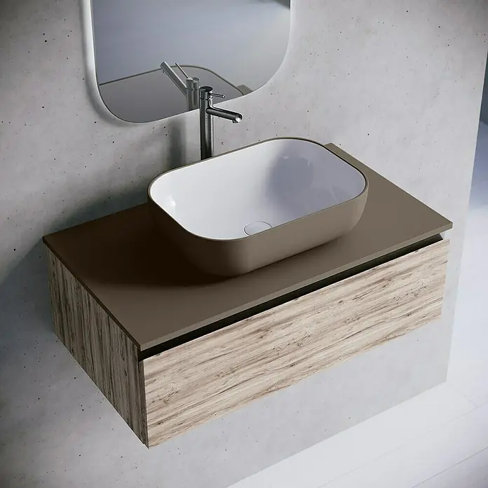 Lavabo y encimera Stadium Bicolor - 46 x 81 cm, Nut/Blanco - Elegante lavabo de baño con mueble de madera y grifo moderno, un diseño elegante para un baño contemporáneo.