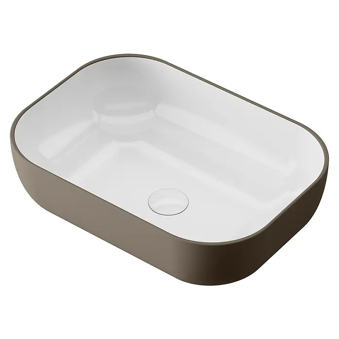Lavabo de sobremesa Stadium Bicolor - 33 x 45,41 cm, Nut/Blanco - Vista moderna del lavabo rectangular sobre encimera con un exterior gris suave y un interior de la pila blanco, que combina elegancia y funcionalidad.