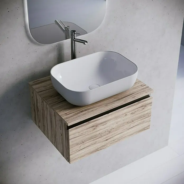 Lavabo de sobremesa Stadium Bicolor - 33 x 45,41 cm, Gris/Blanco - Elegante conjunto de lavabo con una elegante encimera de tocador con aspecto de madera y un espejo moderno y redondeado para un ambiente de baño de lujo.