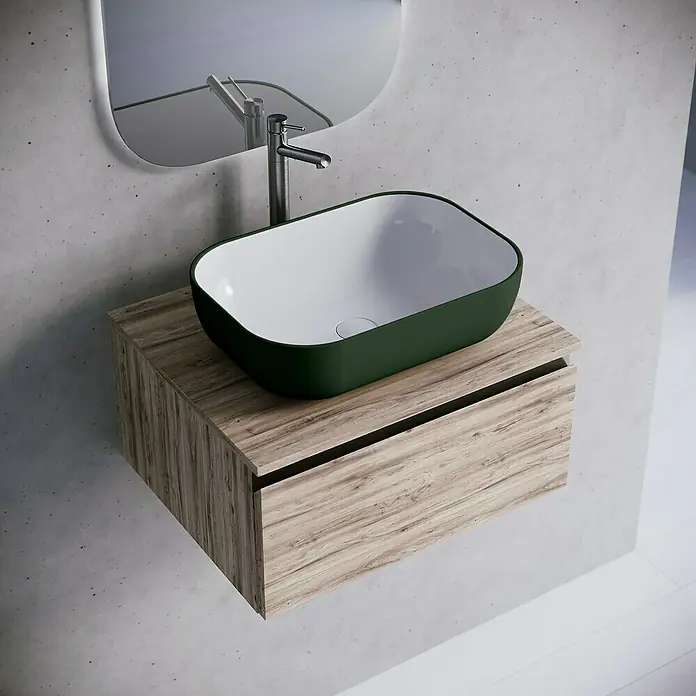 Lavabo de sobremesa Stadium Bicolor - 33 x 45,41 cm, Verde oliva/Blanco - Elegante lavabo de baño con cubeta verde y mueble de madera para un toque moderno.