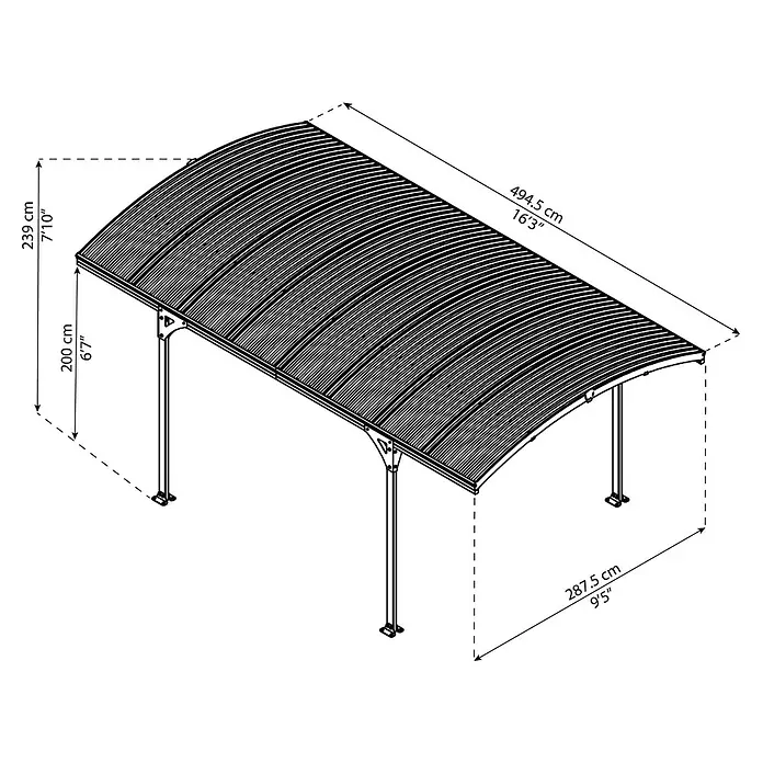 Palram – Canopia Carport Atlas 5000 - Medidas ext. (An x Pr): 2,88 x 4,95 m, Carport individual - Un dibujo en perspectiva de una construcción de cochera con dimensiones.