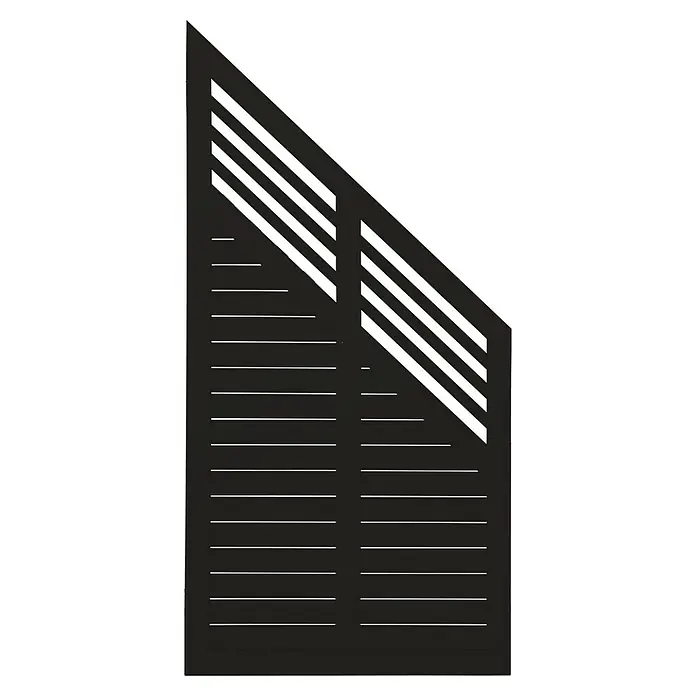 Plus Sichtschutzelement Decora - 90 x 95/180 cm, Holz, Schwarz RAL 9005 - Das Bild zeigt eine moderne, schwarze Zauntür mit horizontalen Lamellen und einem schrägen oberen Abschnitt, ideal für einen stilvollen Garten.