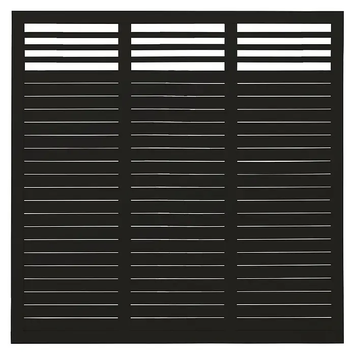 Plus Sichtschutzelement Decora - 180 x 180 cm, Holz, Schwarz RAL 9005 - Schwarze Wandpaneele mit horizontalen Lamellen bieten Privatsphäre und Belüftung, ideal für moderne Innen- und Außenbereiche.