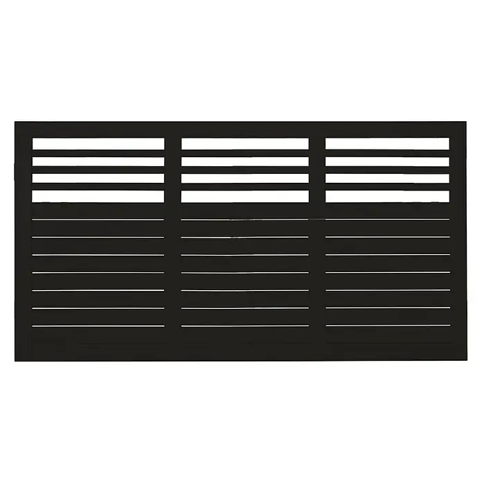 Plus Sichtschutzelement Decora - 180 x 95 cm, Holz, Schwarz RAL 9005 - Abbildung eines schwarzen Lüftungsgitters mit horizontalen Schlitzen für Luftzirkulation und Belüftung in Innenräumen.