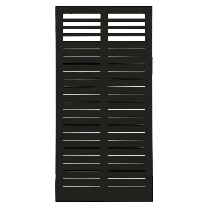 Plus Sichtschutzelement Decora - 90 x 180 cm, Holz, Schwarz RAL 9005 - Schwarze perforierte Platte mit horizontalen Schlitzen, ideal für Belüftung oder als dekoratives Element in modernem Design.