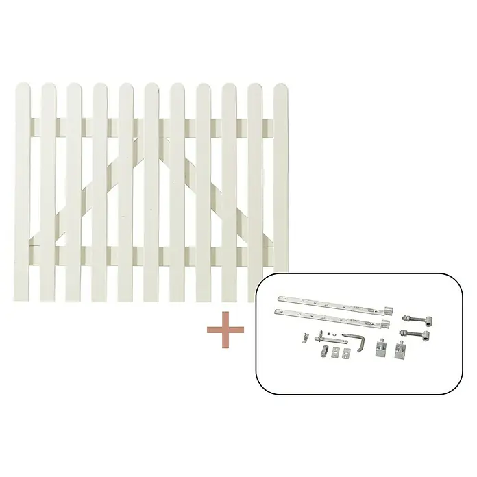 Plus Zauntor Retro - 100 x 80 cm, Weiß RAL 9010, Mit Beschlägen - Bild von einem weißen Gartenzaun-Set, inklusive Zaunfelder und Beschläge, perfekt für die Gartengestaltung und den sicheren Abschluss.