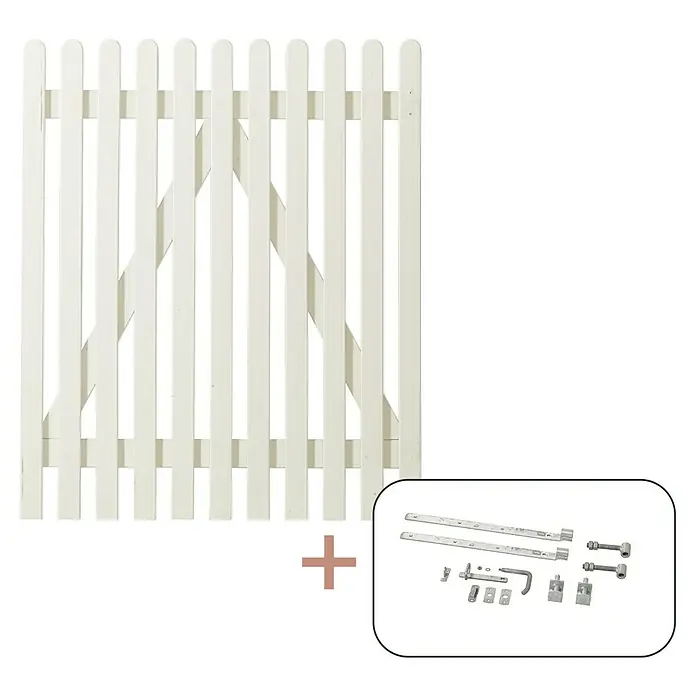 Plus Zauntor Retro - 100 x 120 cm, Weiß RAL 9010, Mit Beschlägen - Eine weiße Holzzauntür mit Beschlägen, ideal für Gartenprojekte, die Privatsphäre und einen Hauch von klassischem Design suchen.
