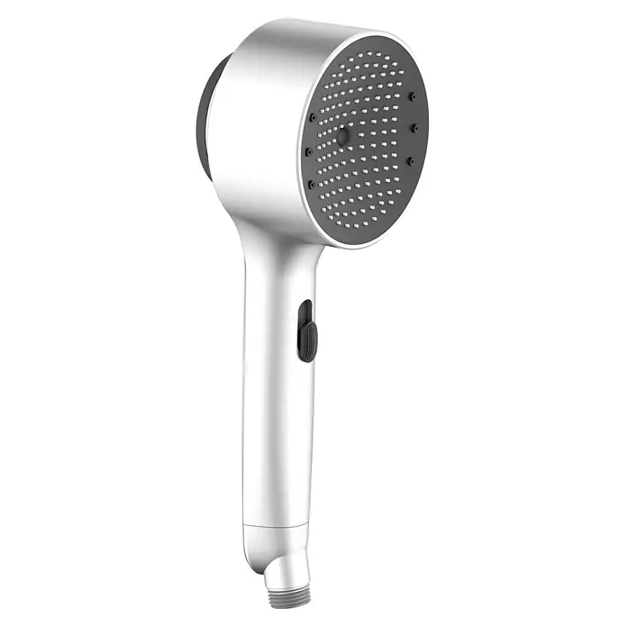 Teleducha Impulse - Número de funciones: 3 ud., Plata - Imagen de un moderno cabezal de ducha plateado ajustable con boquilla negra, ideal para un ambiente de baño elegante.