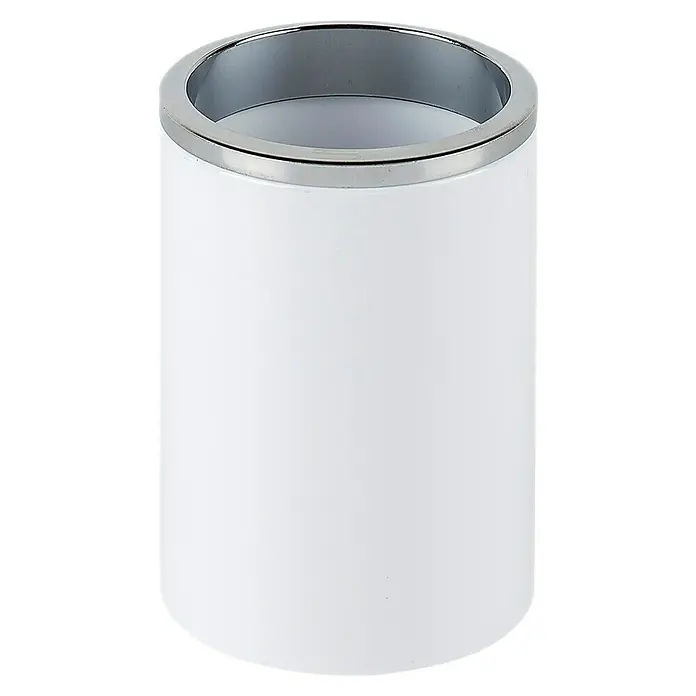 Portacepillos Ivory Round - Diámetro: 8 cm, Plástico - Este elegante recipiente cilíndrico blanco con anillo plateado es perfecto para accesorios de baño o material de oficina.
