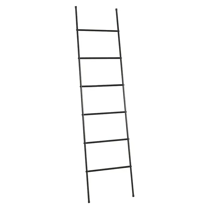MSV Toallero de barra escalera Jayden - L x An x Al: 2 x 45 x 170 cm, Acero, Negro - Una escalera de mano oscura con seis peldaños sobre un fondo negro. Escalera versátil para uso interior.