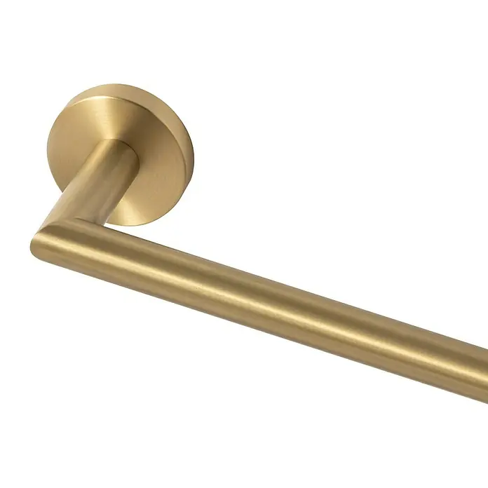 Tauro Baño Steel Toallero de barra - 45 cm, Oro - Primer plano de una barra de toalla dorada con base redonda sobre fondo negro. Elegante accesorio de baño.