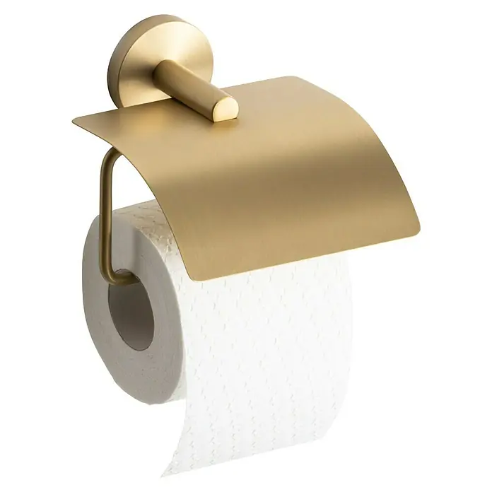 Tauro Baño Steel Portarollos de papel higiénico - Con tapa, Oro - Portarrollos de papel higiénico de oro cepillado con tapa y un rollo de papel para baño o aseo.