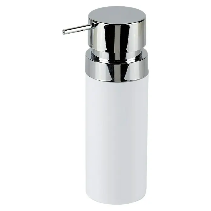Dispensador de jabón Ivory Round - Plástico, Blanco/Cromo - Vista elegante del dispensador de jabón. La elegante botella blanca con tapa de cromo pulido añade un toque de estilo moderno a cualquier baño.