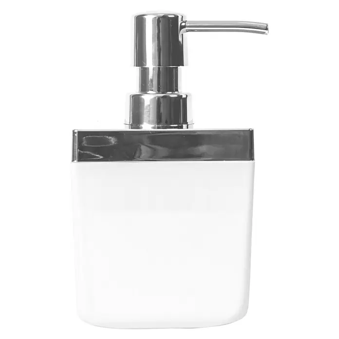 Dispensador de jabón Ivory Square - L x An x Al: 65 x 65 x 185 cm, Plástico, Blanco/Cromo - Dispensador de jabón con bomba cromada y recipiente cuadrado blanco para baño y cocina, un complemento elegante para la higiene de manos.
