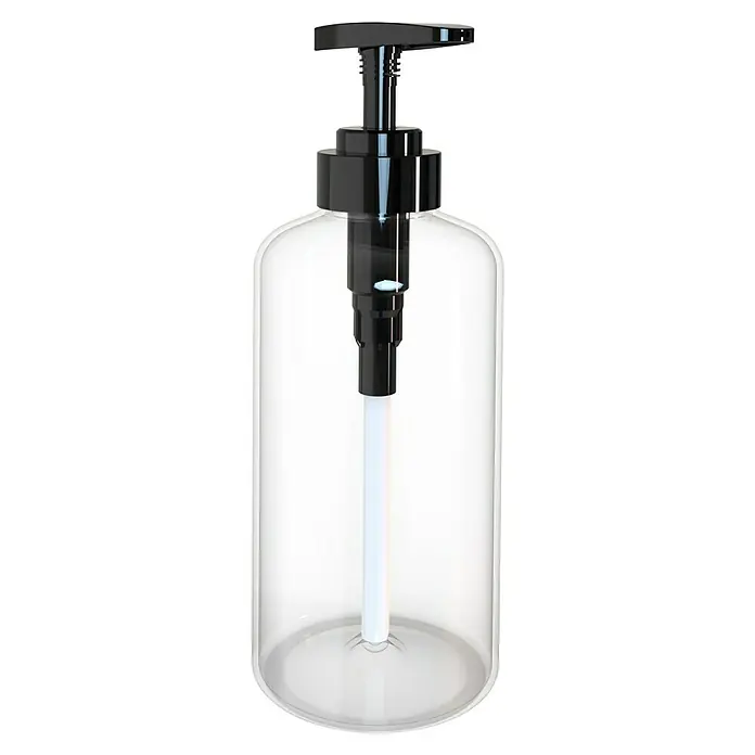 Dispensador de jabón Abbey - Plástico, Transparente - Primer plano de un dispensador de jabón transparente con bomba negra, ideal para baño o cocina, que ofrece una forma elegante de dispensar jabón.