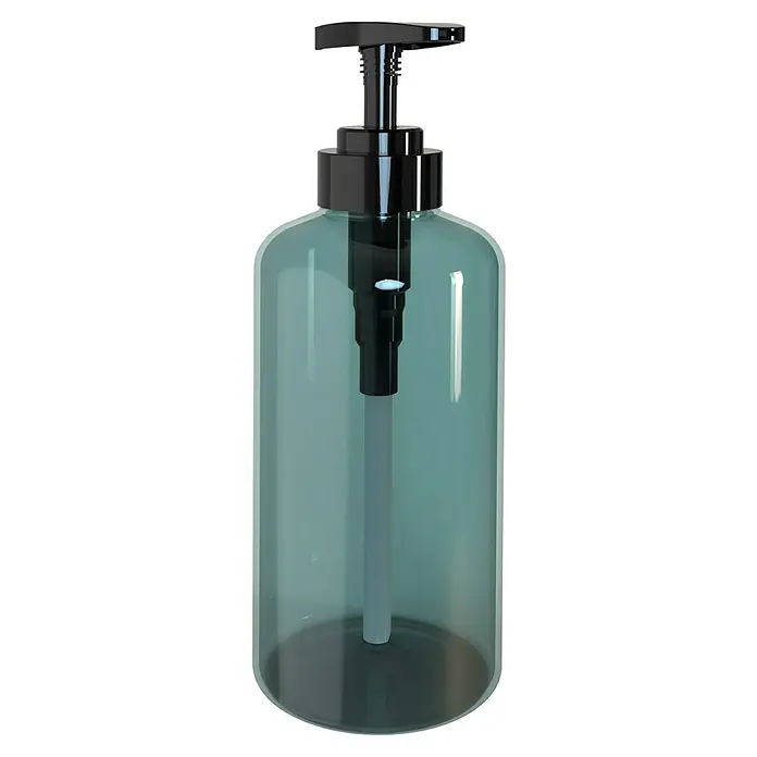 Dispensador de jabón Abbey - Plástico, Azul traslúcido - Elegante dispensador de jabón de vidrio azul transparente con dosificador negro, ideal para baños o cocinas. Diseño con estilo para higiene.