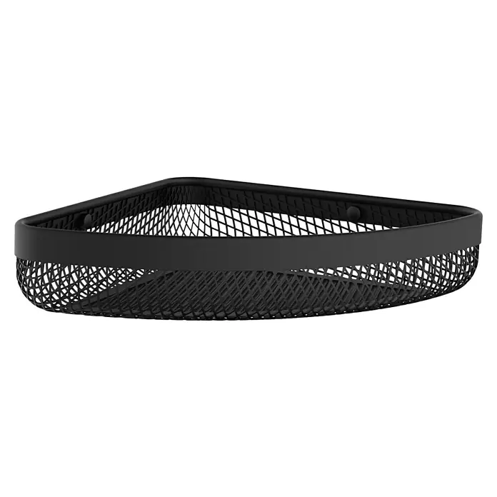 Cesta de baño angular Harmony - 23 x 23 x 5,5 cm, Metal, Negro - Una estantería esquinera de malla metálica negra, perfecta para baño o cocina, que ofrece almacenamiento y organización.