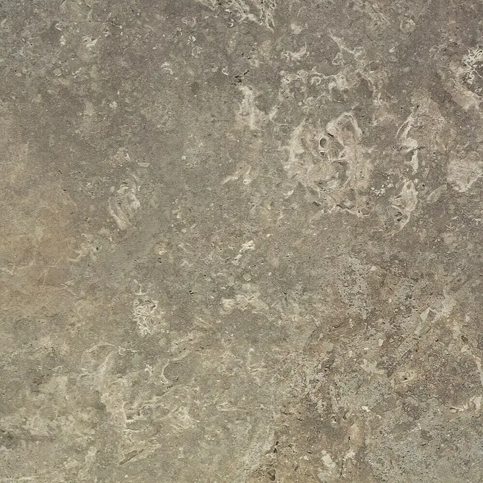 Feinsteinzeugfliese Tivoli Stone - 59,7 x 59,7 cm, Stärke: 7 mm, Caramel, Matt - Abstraktes Bild einer unebenen, grau-braunen Steinoberfläche mit weißen und dunkleren Einschlüssen, ideal für Hintergründe und Texturen.