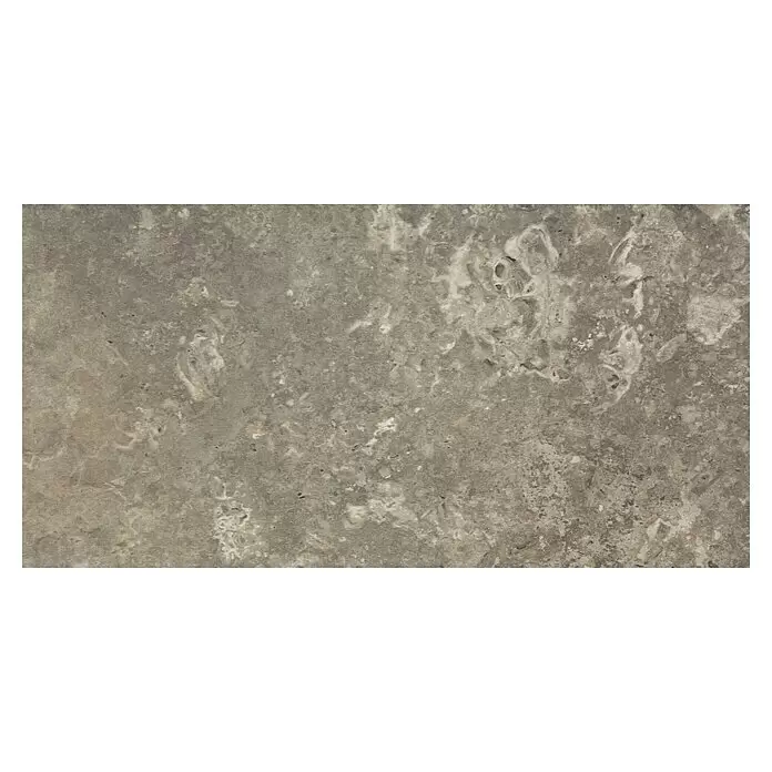 Feinsteinzeugfliese Tivoli Stone - 29,7 x 59,7 cm, Stärke: 7 mm, Caramel, Matt - Gemaserte grau-braune Steintextur mit hellen Äderungen.