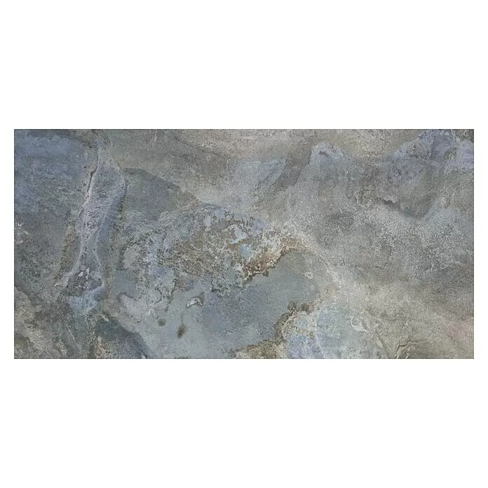 Feinsteinzeugfliese Tivoli Stone - 60 x 119,5 cm, Ocean, Glänzend - Texturierte blaugraue und braune Natursteinfliese mit variierenden Mustern, ideal für Böden oder Wände.
