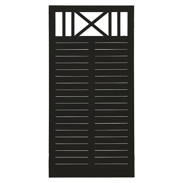 Plus Sichtschutzelement Nostalgi - 90 x 180 cm, Schwarz RAL 9005 - Schwarzes, dekoratives Gartentor mit horizontalen Latten und einem X-förmigen Detail im oberen Bereich, ideal als stilvoller Eingang.