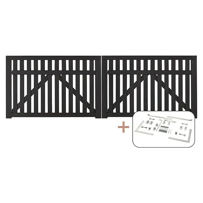 Plus Gartentor Country - 300 x 98 cm, Schwarz RAL 9005, Holz, Mit Beschlägen - Schwarzes Gartentor-Set mit Beschlägen für einfache Montage und erhöhte Sicherheit Ihres Gartens.
